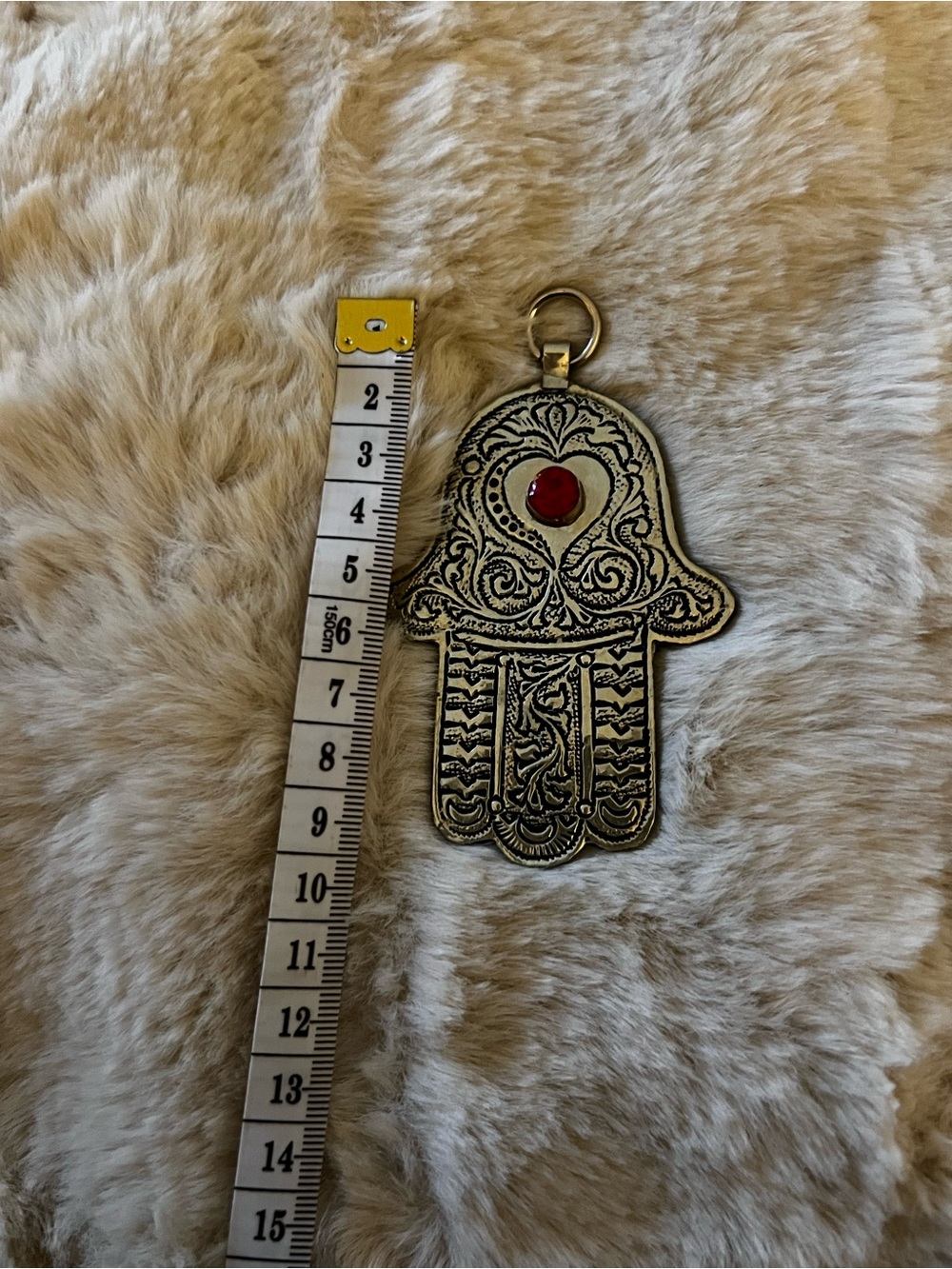 Ornate Silver Hamsa Hand Pendant with Red Stone Handmade from Morocco